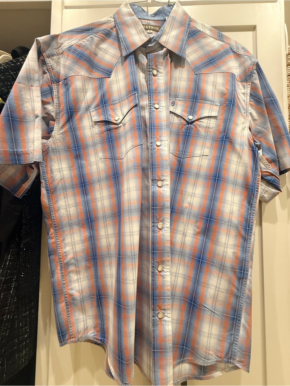 Stetson Men's Short-Sleeve Plaid Button-Down Shirt in Blue, Orange and White